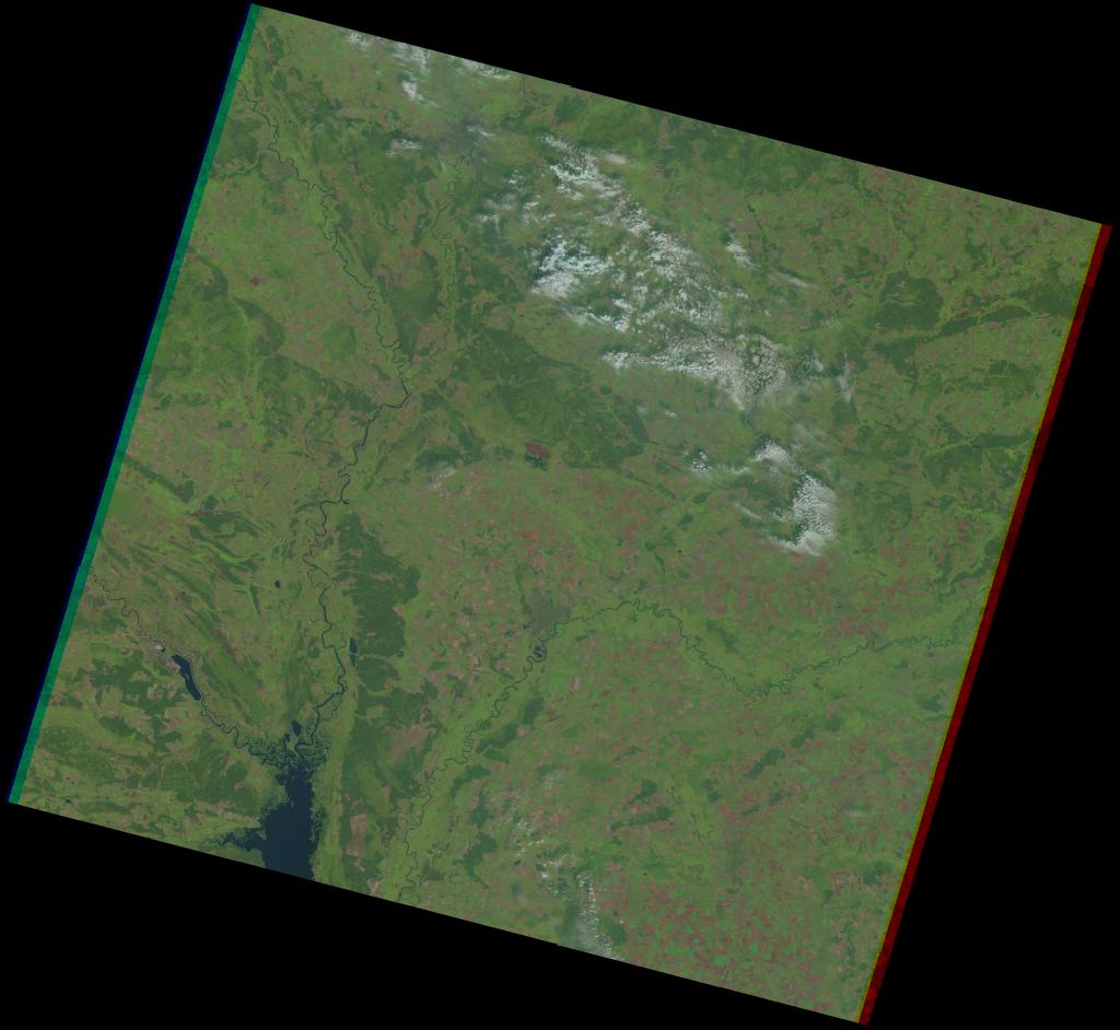 Landsat 5 satellite image of the Chernobyl region, 25 August 1985 — eight months before the reactor explosion of 26 April 1986. The Polesia pine forest west of Reactor 4 is intact.