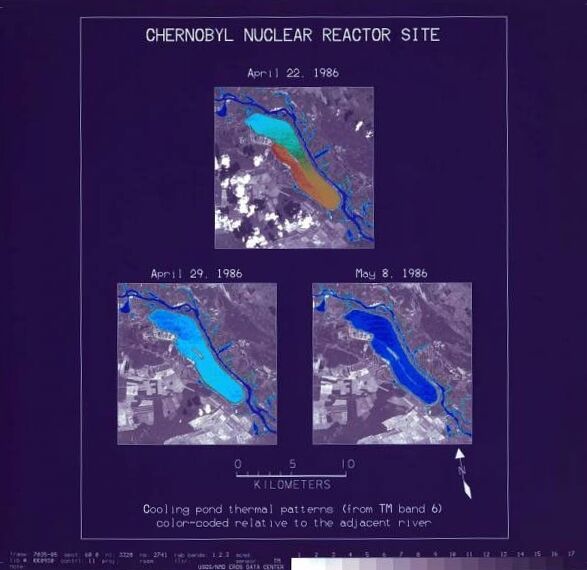 Landsat 5 thermal satellite image of Chernobyl from 29 April 1986 — three days after the reactor explosion — showing the cooling pond and the area west of Reactor 4.