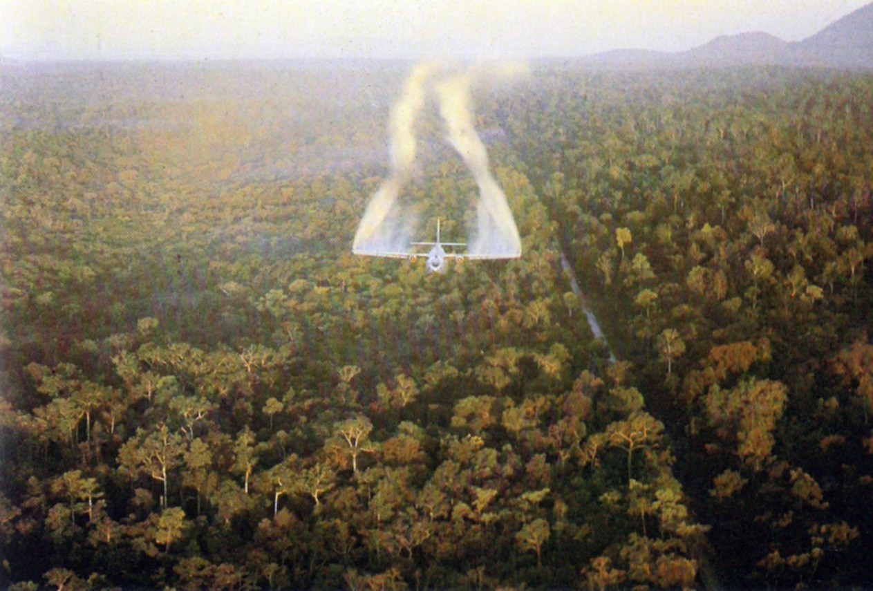 Aerial photograph from 1962 showing a US Air Force UC-123B Provider aircraft spraying defoliant from low altitude over dense Vietnamese forest. Two heavy white plumes trail from the wings; a long linear strip of damaged forest is visible in the centre where earlier spray runs have already taken effect.