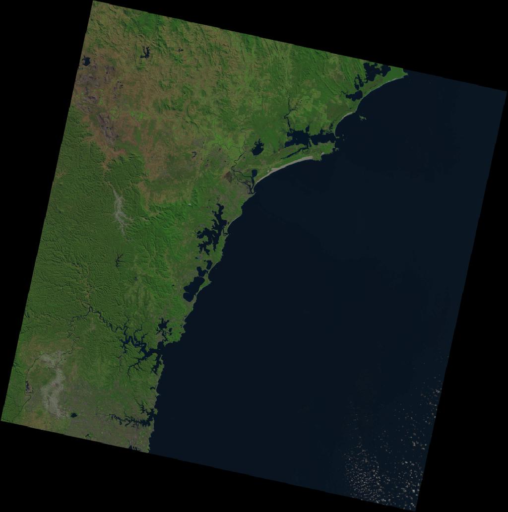 Landsat 8 satellite image of New South Wales centred on Wollemi National Park, 2 August 2019 — three months before the Black Summer bushfires began, showing the intact green eucalyptus canopy of the World Heritage Area