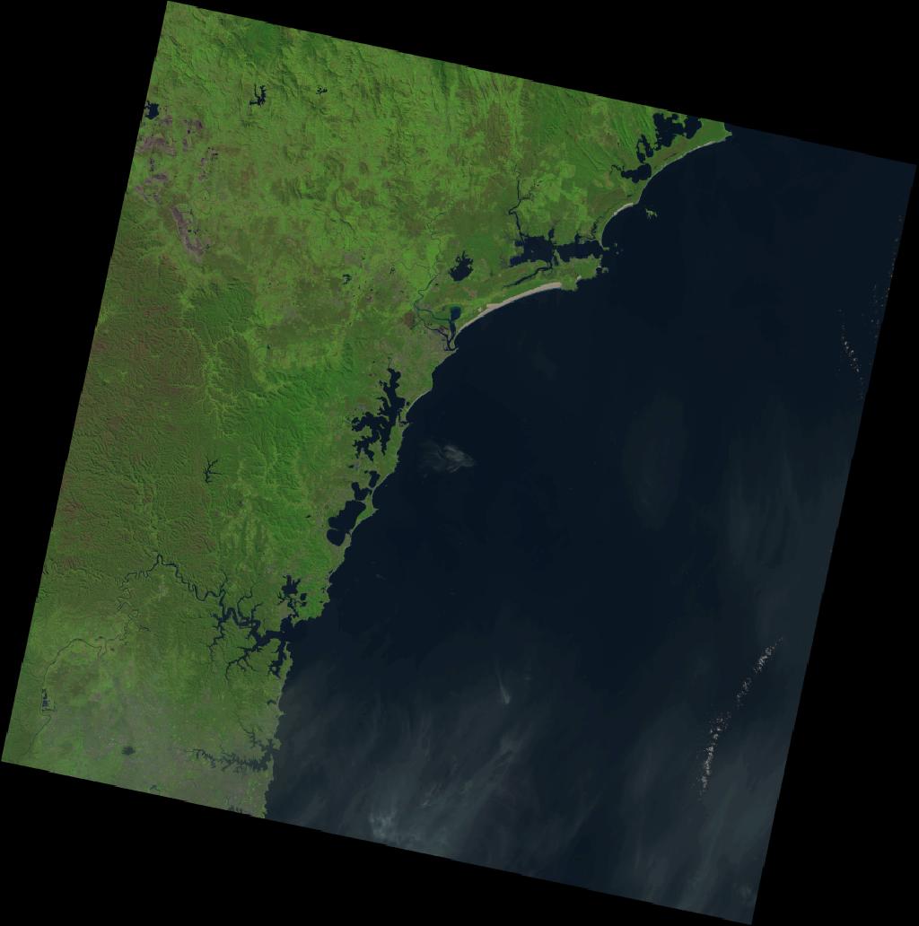 Landsat 8 satellite image of New South Wales centred on Wollemi National Park, 14 April 2020 — two months after the Gospers Mountain bushfire was contained, showing widespread burn scars across the Blue Mountains and Wollemi sandstone country